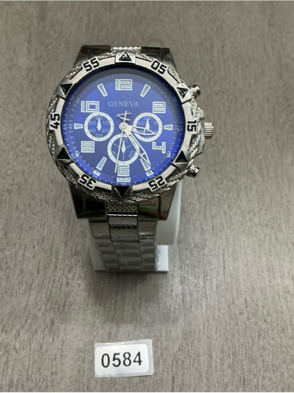 Geneva Men's Chronograph Wristwatch Blue Dial Silver Metal Band Analog